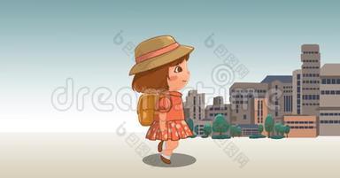 小卡通女孩在街头行走的无缝动画，城市景观场景背景4k循环